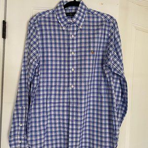 RALPH LAUREN Mens Button Down Medium Blue/White Plaid Long Sleeve